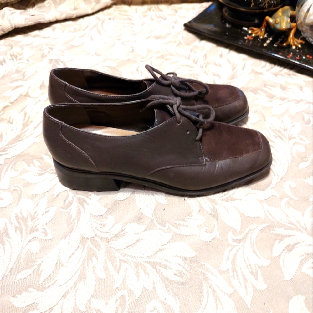 🐿️🍂🐿️Fab Vintage 90s Chocolate Brown Genuine Leather Suede Oxfords - 7.5M - Picture 2 of 10